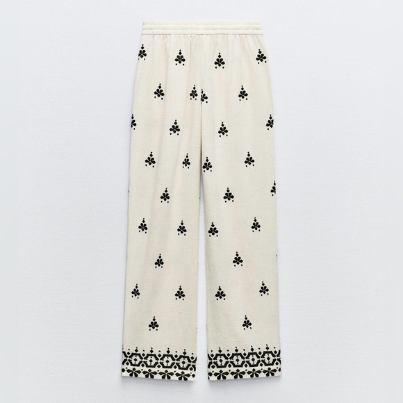 Zara EMBROIDERED WIDE LEG PANTS - Picture 12 of 15